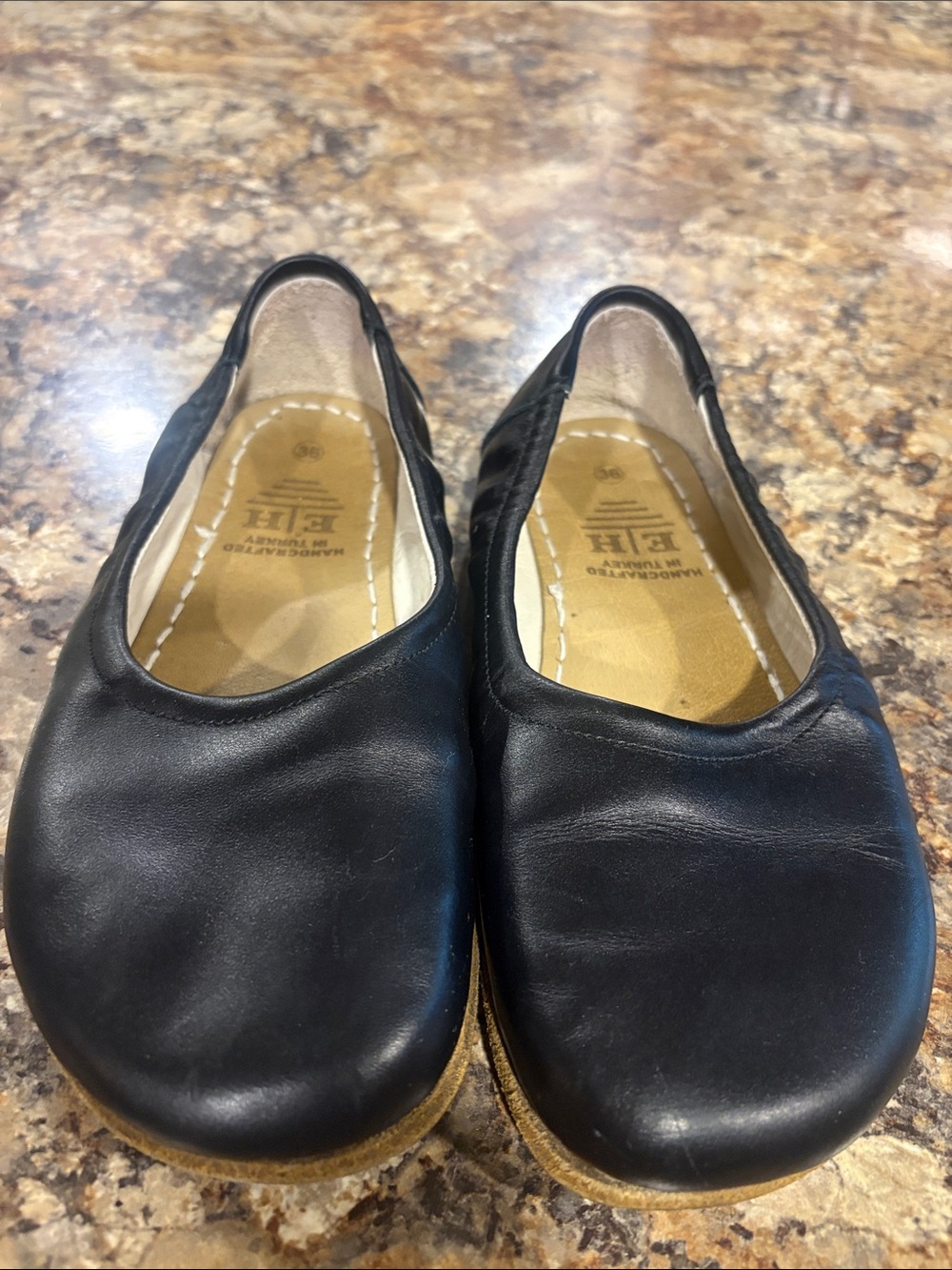 Earthing Harmony Black Leather Slip-On Flats with pure copper rivet by Ecco